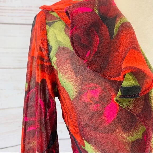 Cache sheer floral rose red black ruffle neck - Picture 5 of 9